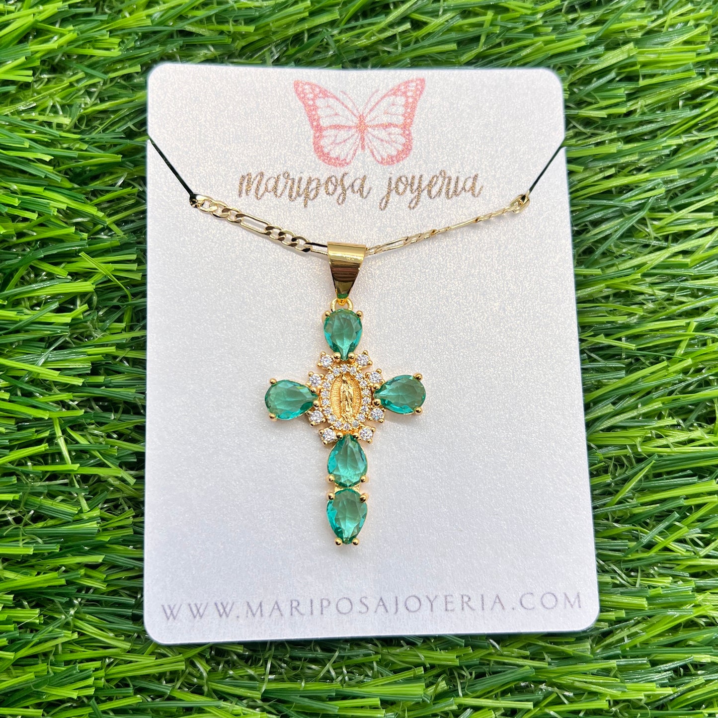 Virgen de Guadalupe Medium Cristal Cross Necklace - Mint
