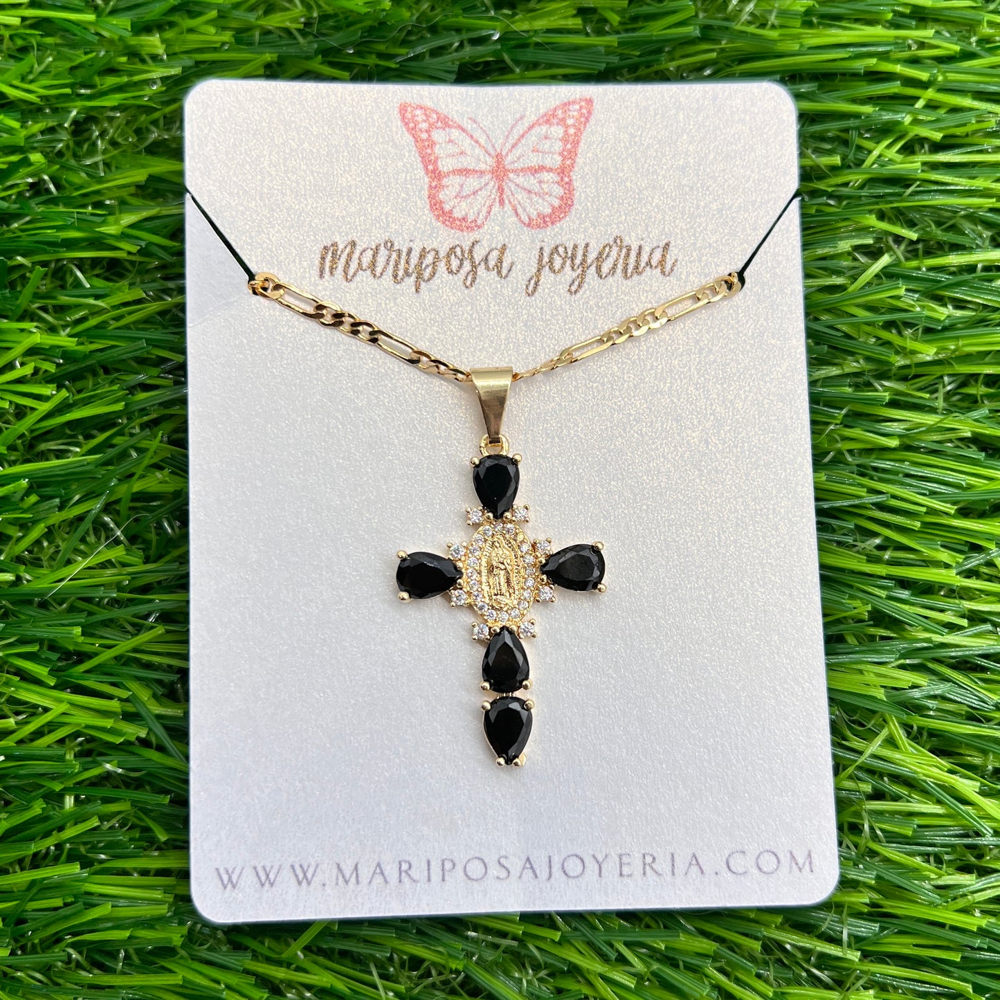 Virgen de Guadalupe Small Cristal Cross Necklace - Black