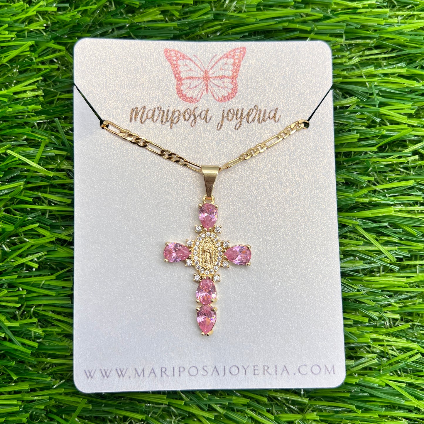 Virgen de Guadalupe Small Cristal Cross Necklace - Pink