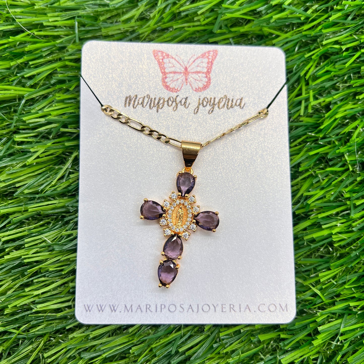 Guadalupe Medium Cristal Cross Necklace - Purple