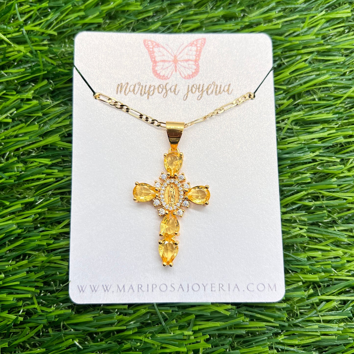 Virgen de Guadalupe Medium Cristal Cross Necklace - Yellow