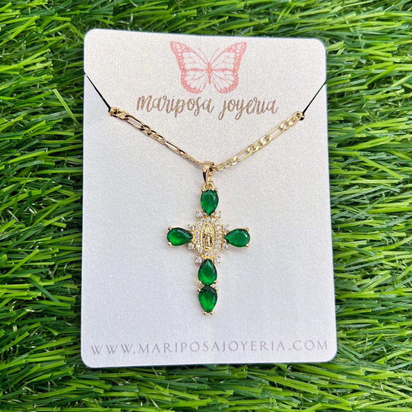 Virgen de Guadalupe Small Cristal Cross Necklace - Green