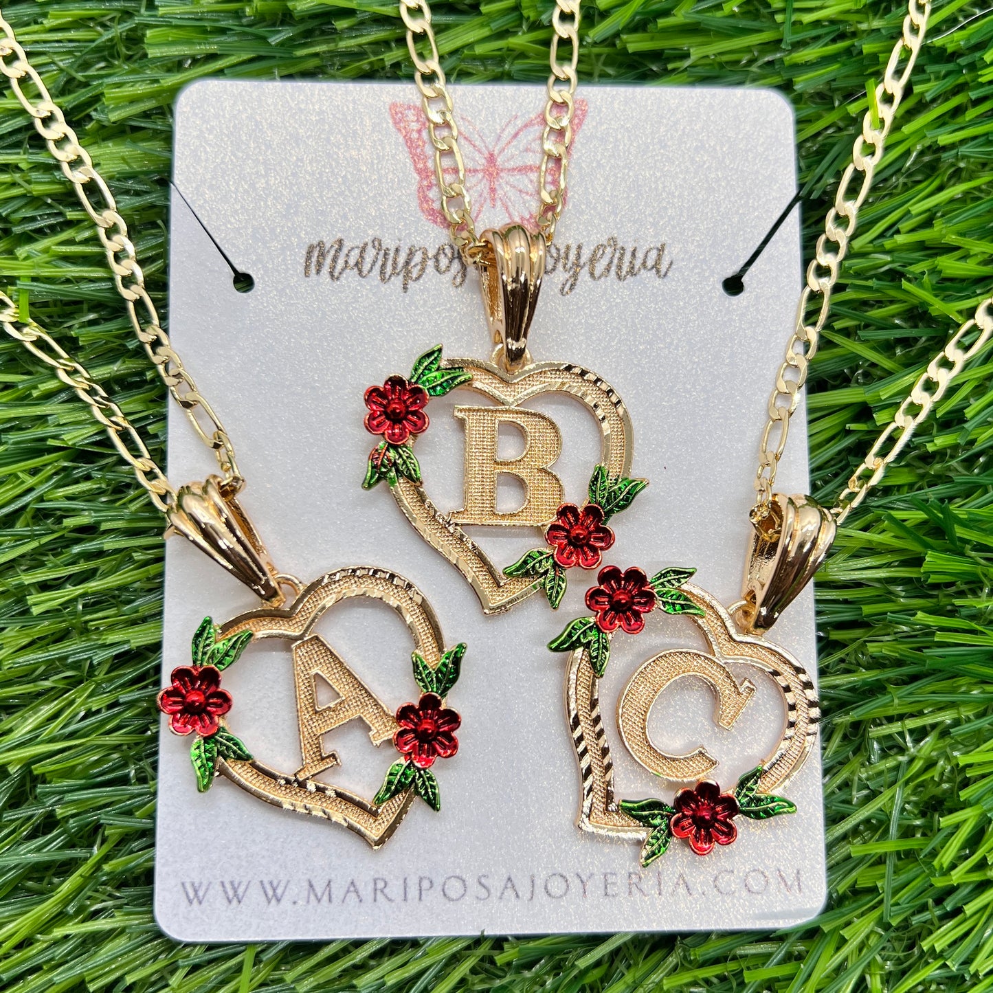 Red Roses Initial Heart Necklace