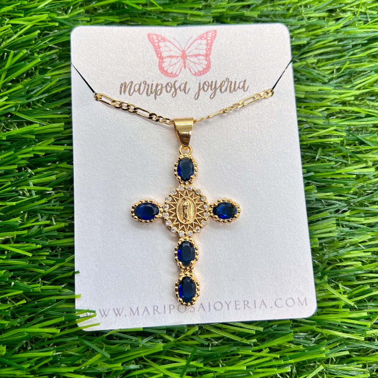 Virgen de Guadalupe Aura Cross Necklace - Royal Blue