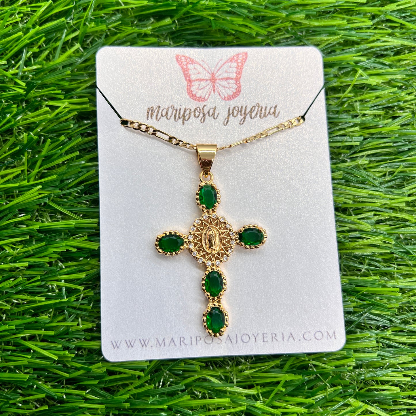 Virgen de Guadalupe Aura Cross Necklace - Green