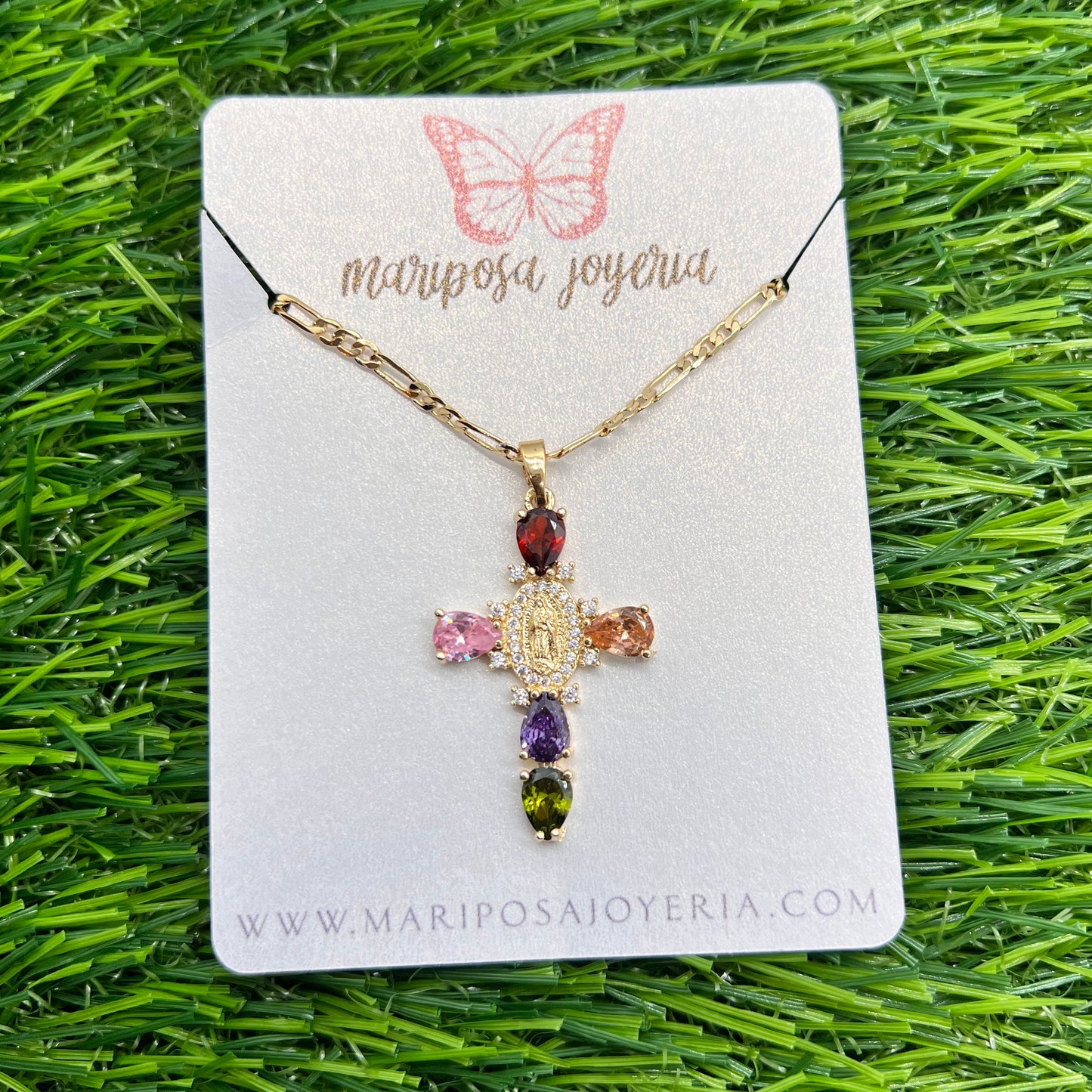 Virgen de Guadalupe Small Cristal Cross Necklace - Multicolor