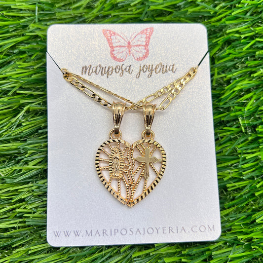 Virgencita + Cross Heart Couples Necklace