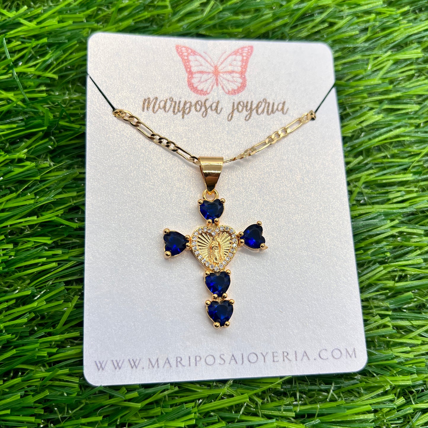 Guadalupana Corazón Cross Necklace - Royal Blue