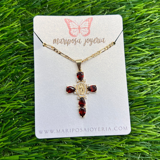 Virgen de Guadalupe Small Cristal Cross Necklace - Red