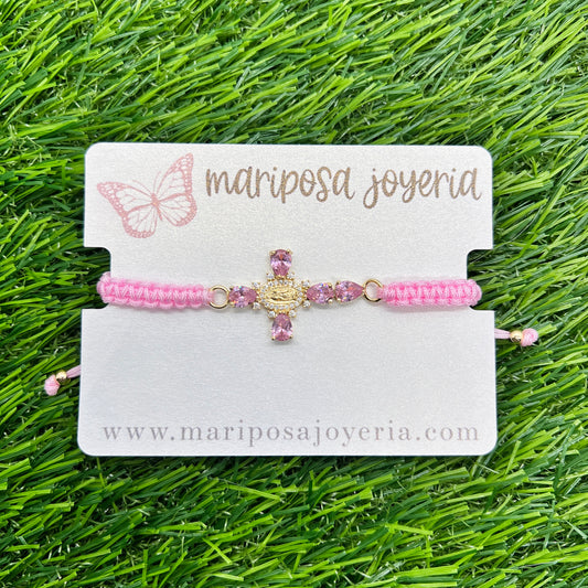 Guadalupana Cristal Cross Thread Bracelet - Pink