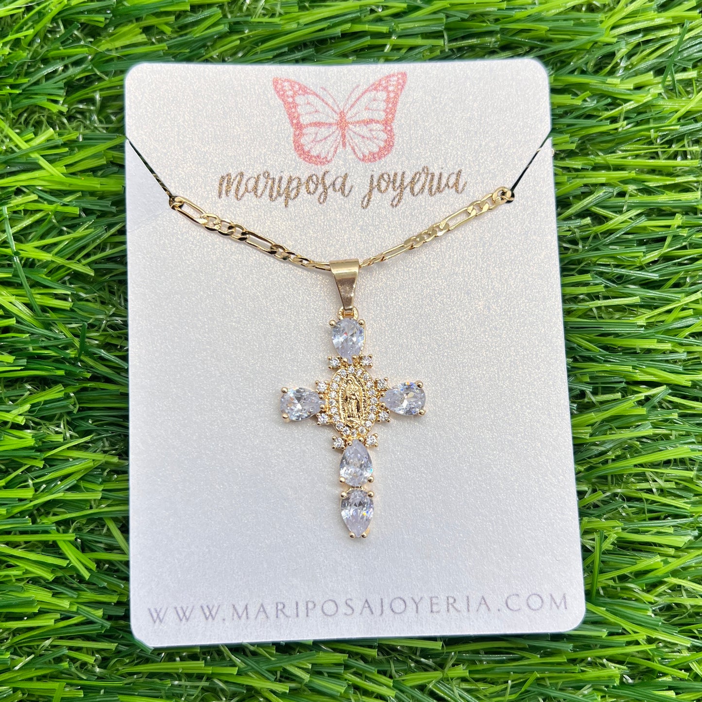 Virgen de Guadalupe Small Cristal Cross Necklace - White