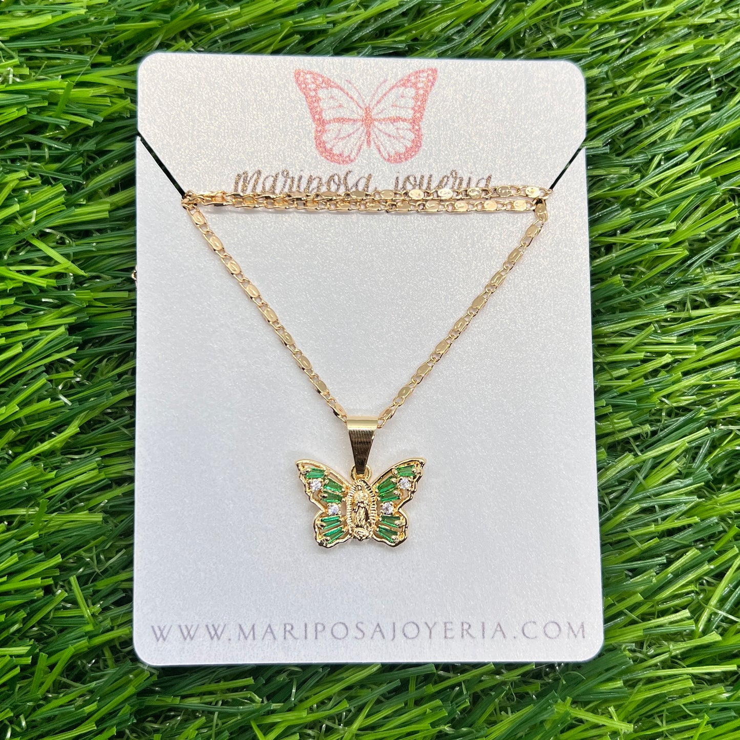 Virgencita de Guadalupe Mariposa Necklace - Green