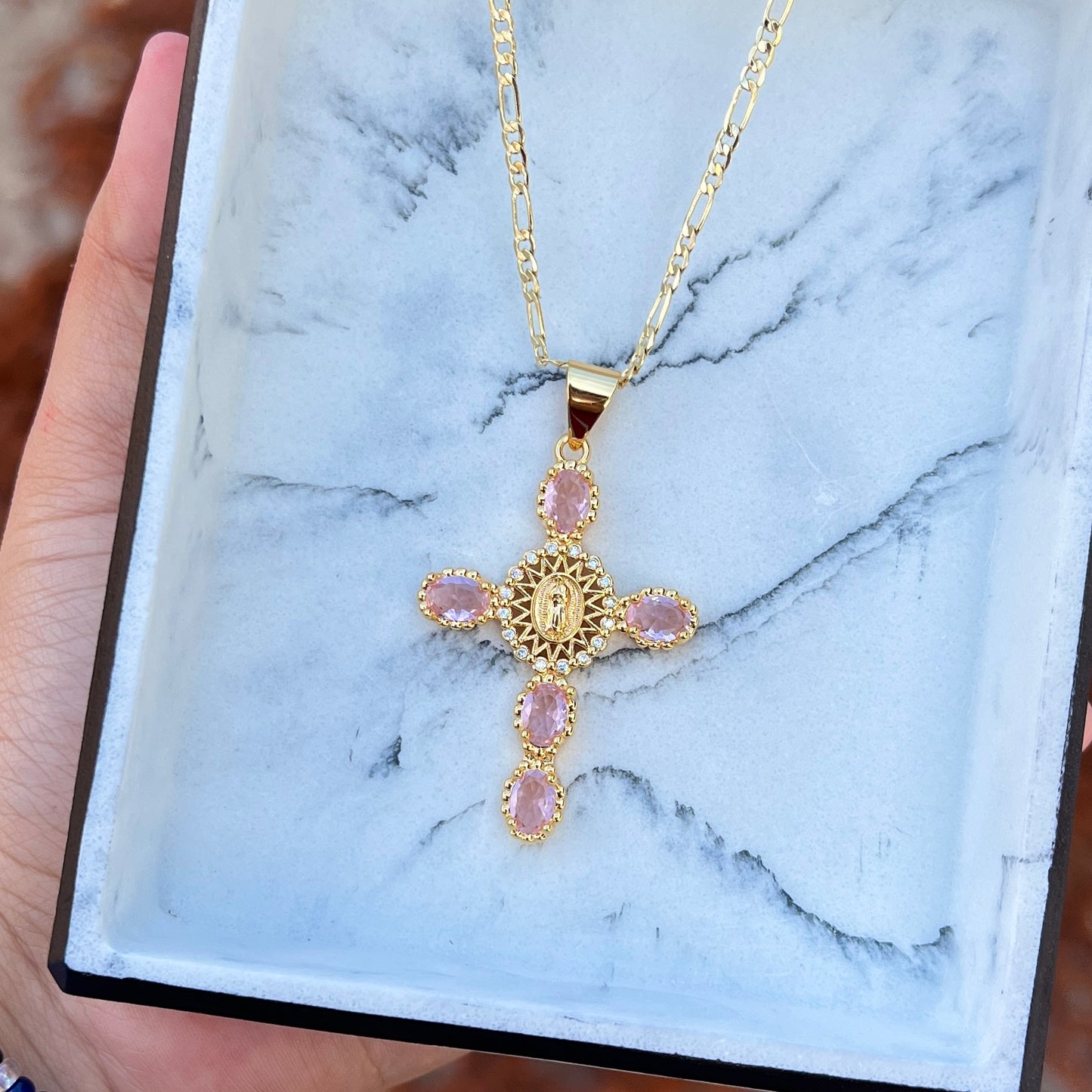Virgen de Guadalupe Aura Cross Necklace - Pink