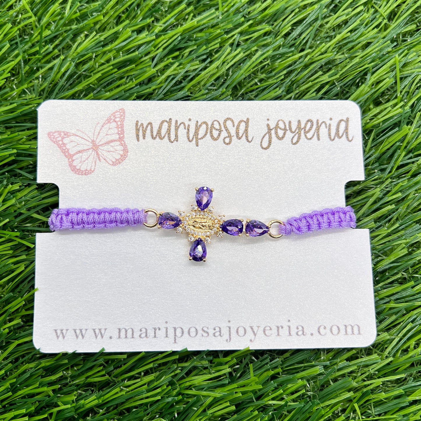 Guadalupana Cristal Cross Thread Bracelet - Purple