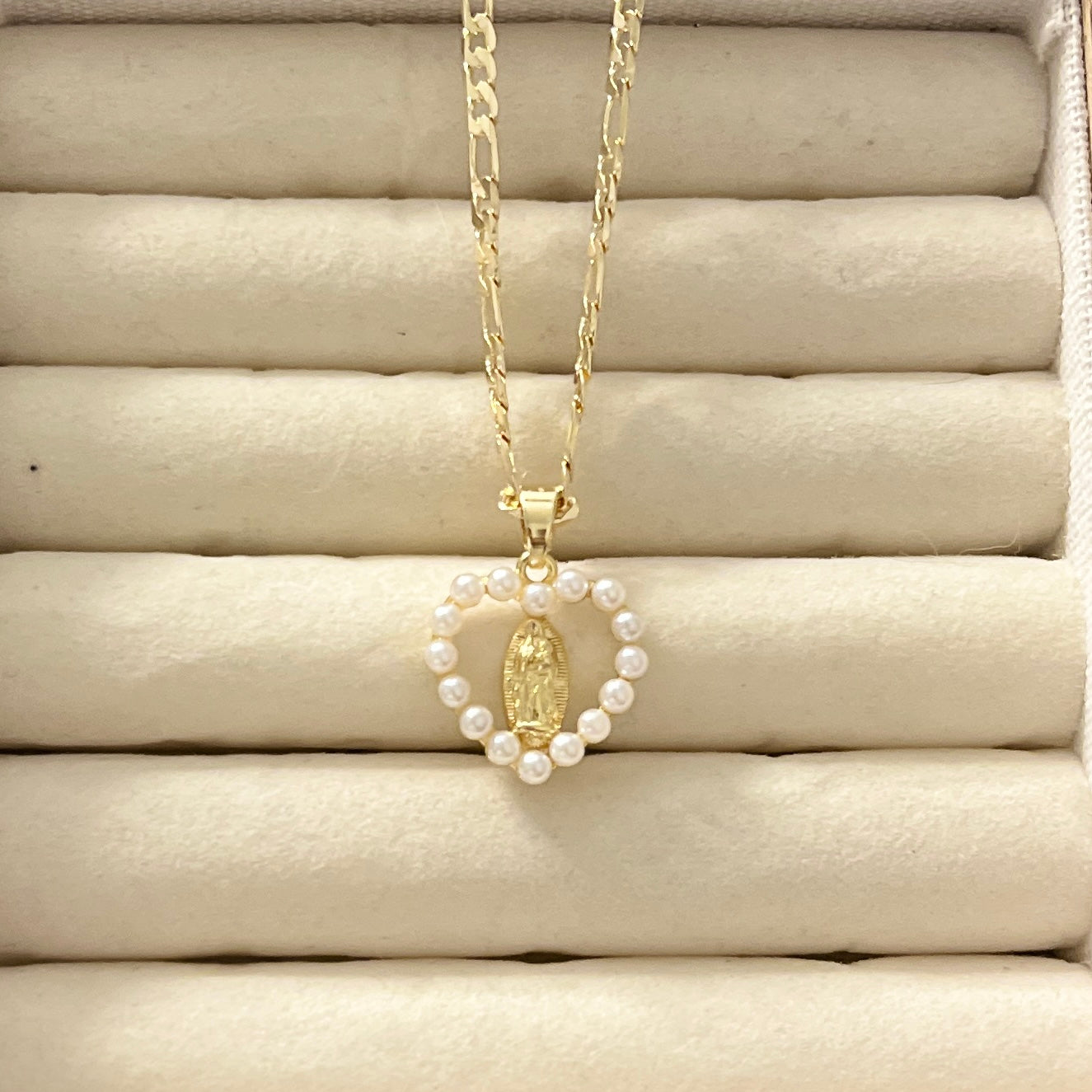 Dainty Guadalupana Pearl Love Necklace