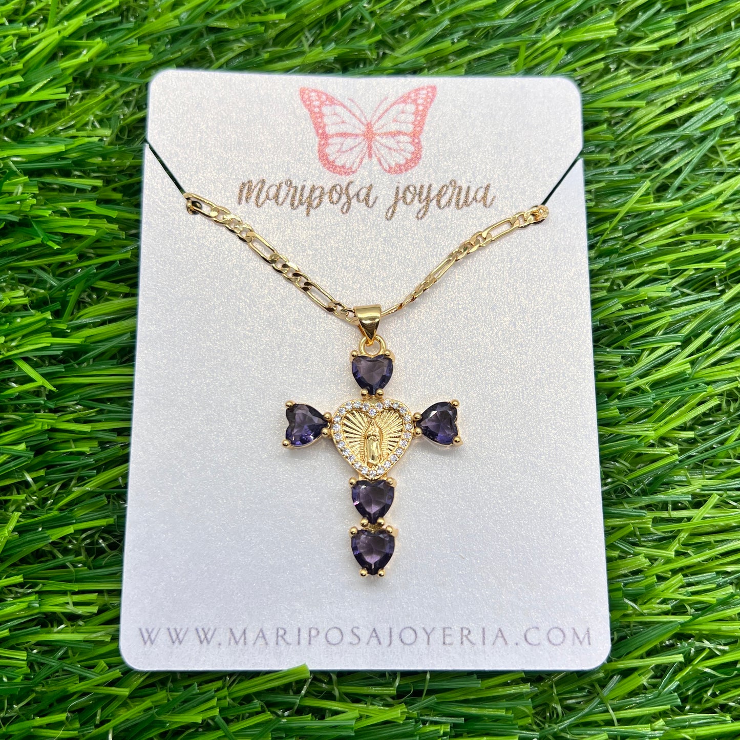 Guadalupana Corazón Cross Necklace - Purple